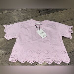 New Zara Light Pink Eyelet Hem Tee 8-9